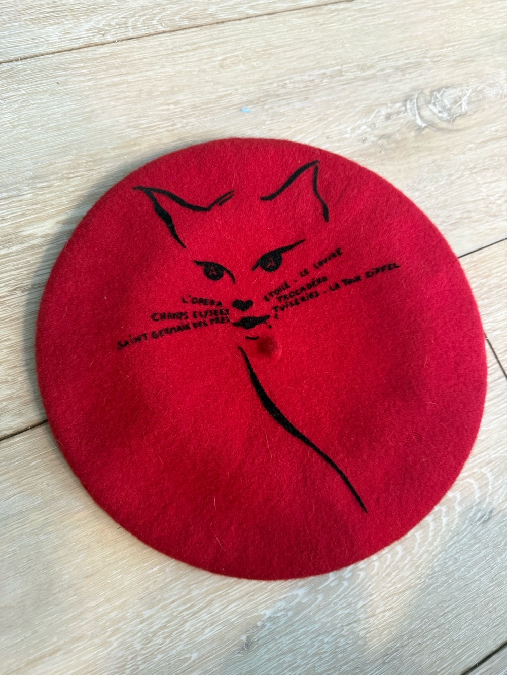 Vintage wool beret with Cat Face and French words - fall, winter.